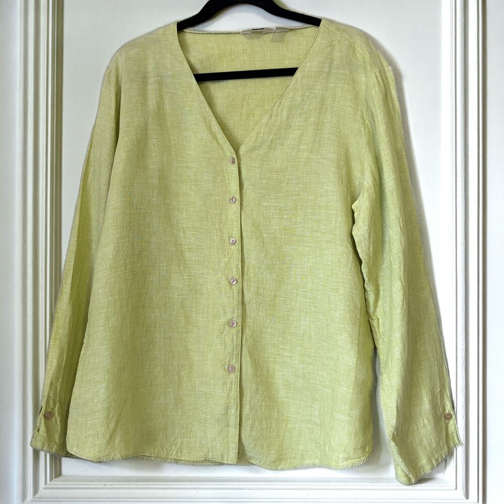 J.Jill 100% Linen Button Front Blouse Lime Green Long Sleeve Size L